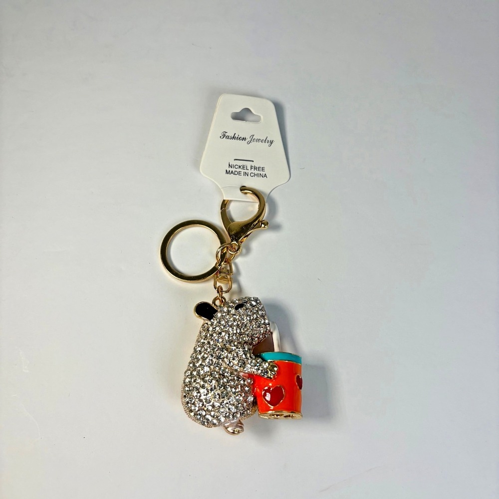 Boutique Unisex 4" Capybara Boba Bag Charm Keychain Crystal Rhinestone Sparkle
